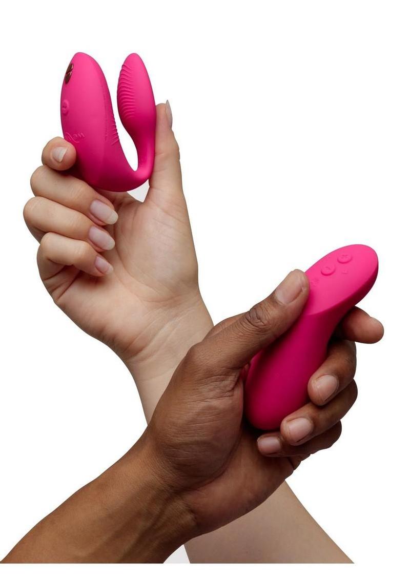 The We-Vibe Chorus Pro paired with a smartphone, demonstrating its app-enabled features and connectivity.